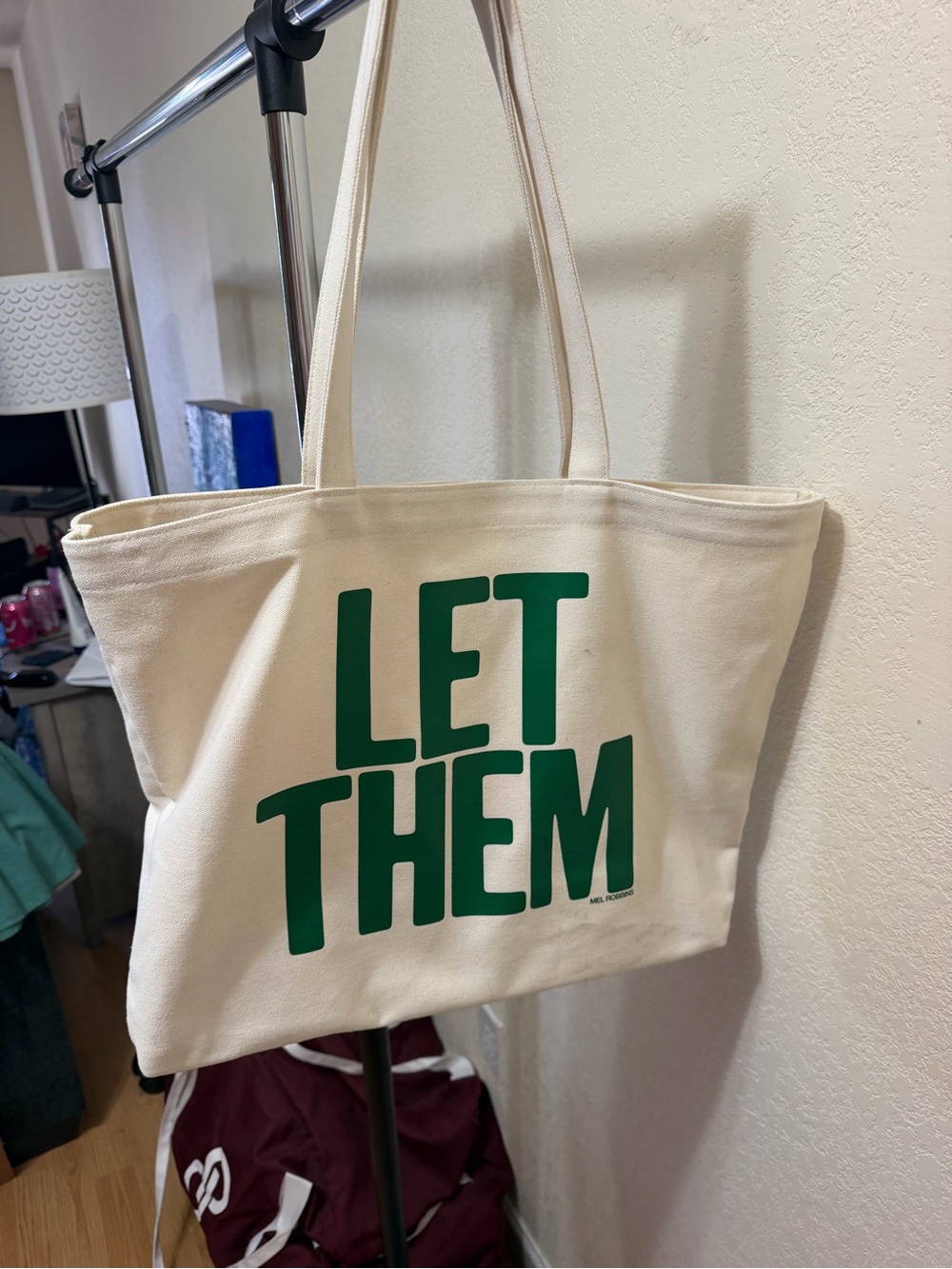 Cream Canvas Tote Bag with Green LET THEM Print